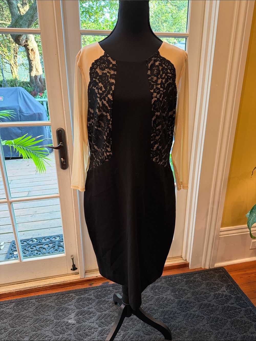 ANTONIO MELANI Black Dress with Cream Sleeves and Lace Panels